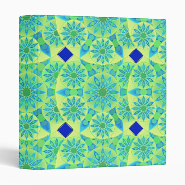 Mandala pattern, turquoise, blue, lime green binder (Front/Spine)