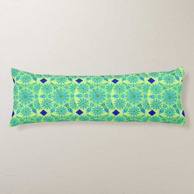 Mandala pattern, turquoise, blue, lime green body pillow (Front)