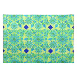 Mandala pattern, turquoise, blue, lime green cloth placemat