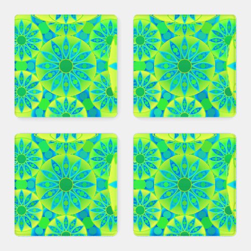 Mandala Pattern Turquoise Blue Lime Green Coaster Set