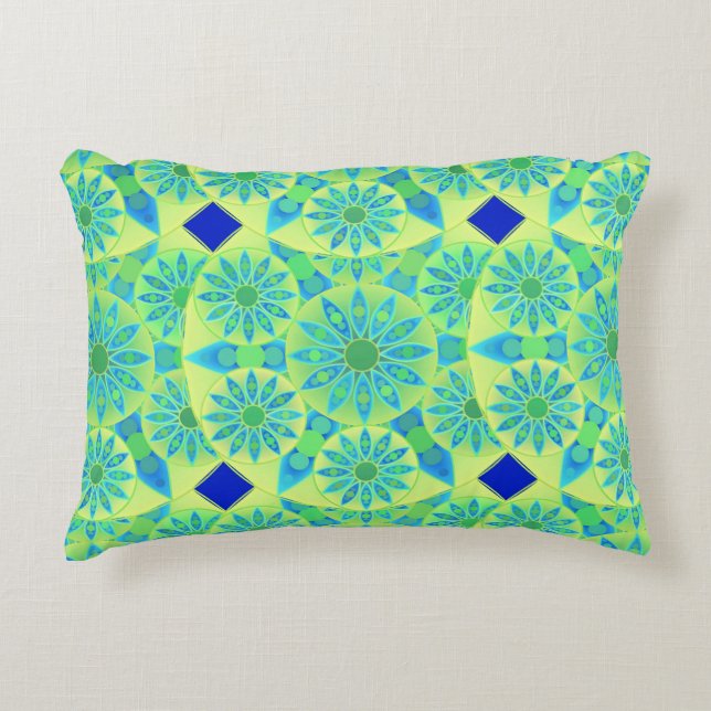 Mandala pattern, turquoise, blue, lime green decorative pillow (Front)