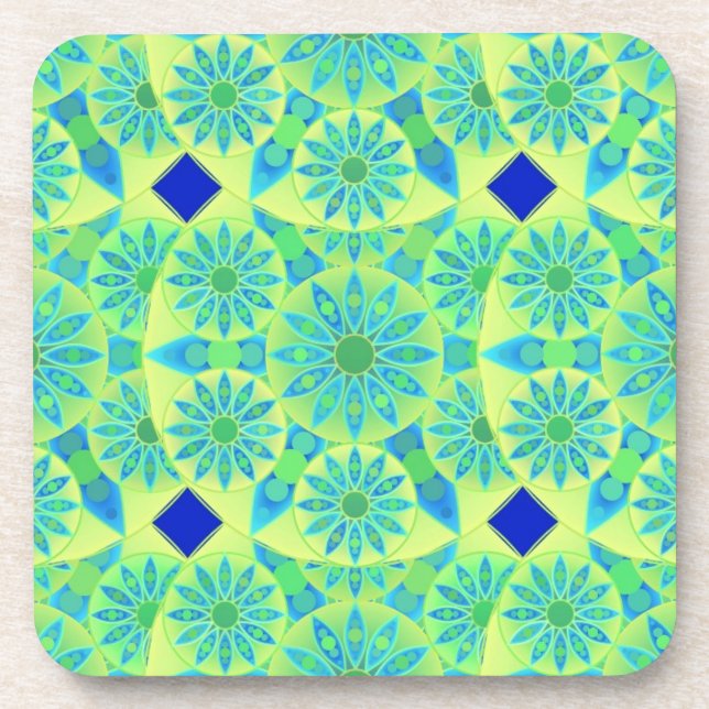 Mandala pattern, turquoise, blue, lime green drink coaster (Front)