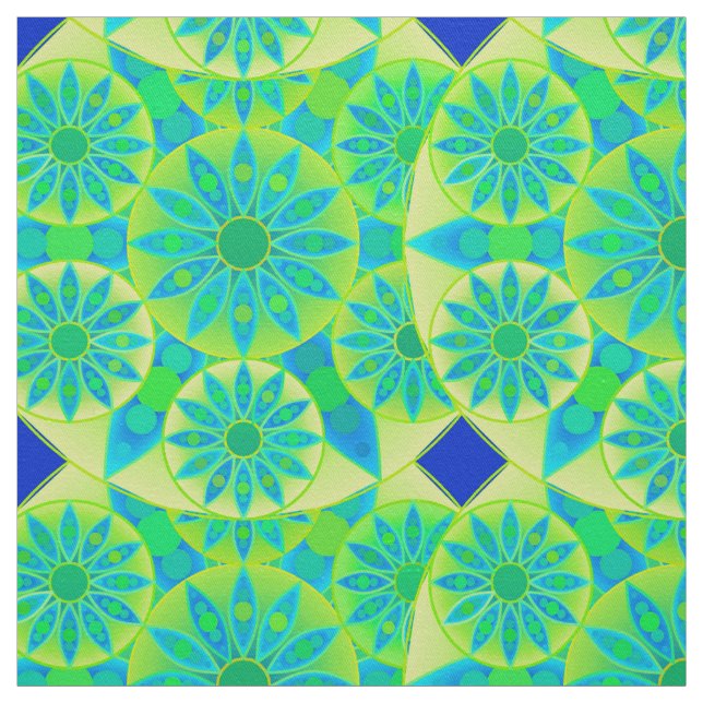 Mandala pattern, turquoise, blue, lime green fabric (Swatch)
