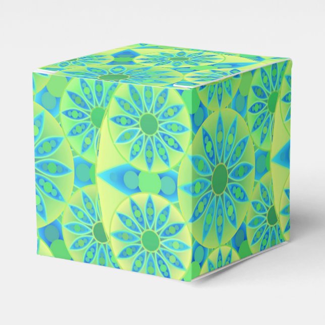 Mandala pattern, turquoise, blue, lime green favor boxes (Front Side)