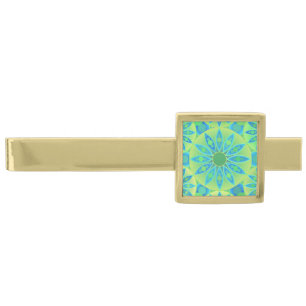 Mandala pattern, turquoise, blue, lime green gold finish tie clip