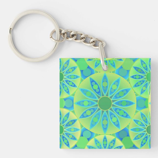 Mandala pattern, turquoise, blue, lime green keychain (Front)