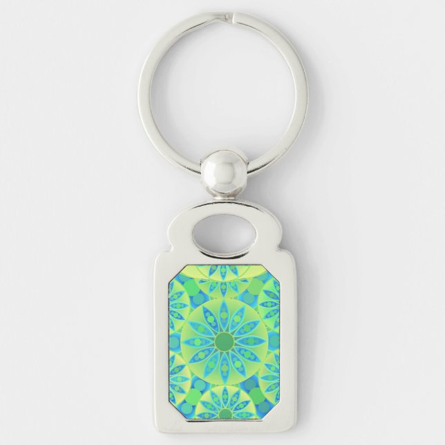 Mandala pattern, turquoise, blue, lime green keychain (Front)