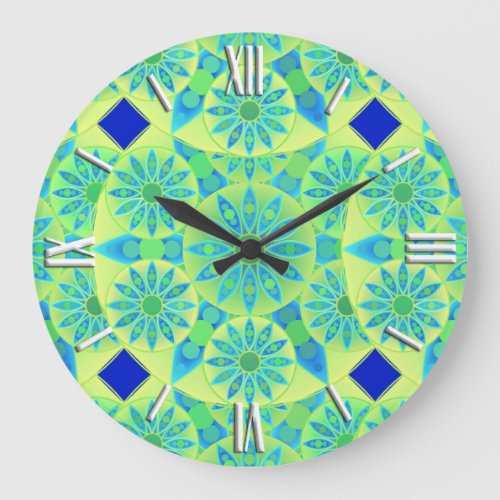 Mandala pattern turquoise blue lime green large clock