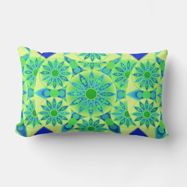 Mandala pattern, turquoise, blue, lime green lumbar pillow (Front)