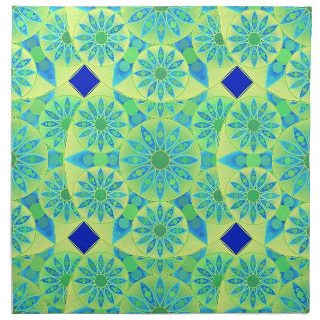 Mandala pattern, turquoise, blue, lime green napkin (Front)