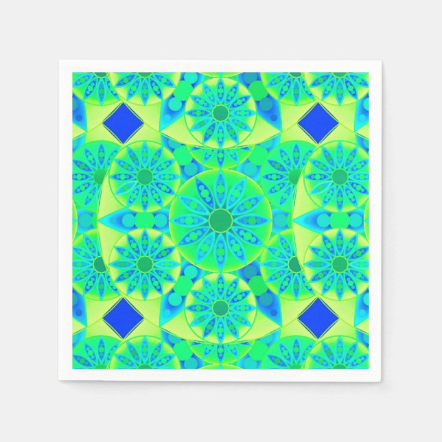 Mandala pattern, turquoise, blue, lime green paper napkins (Front)