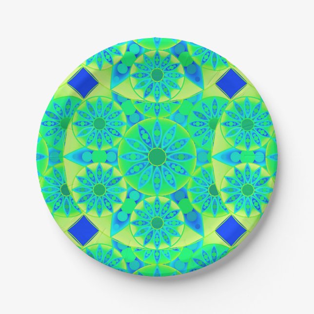Mandala pattern, turquoise, blue, lime green paper plates (Front)