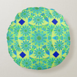 Mandala pattern, turquoise, blue, lime green round pillow
