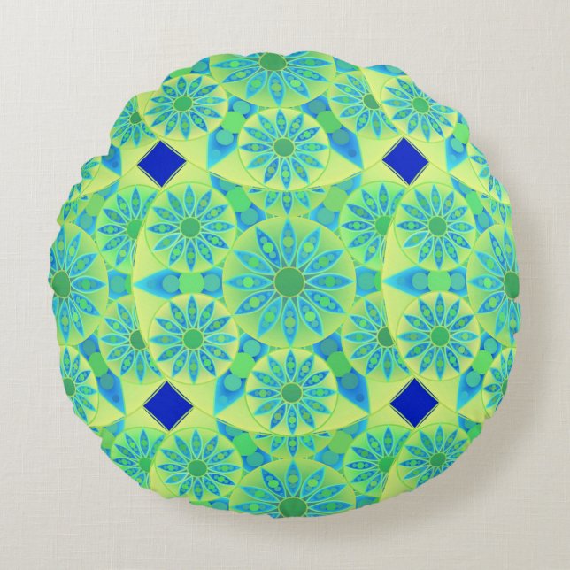 Mandala pattern, turquoise, blue, lime green round pillow (Front)