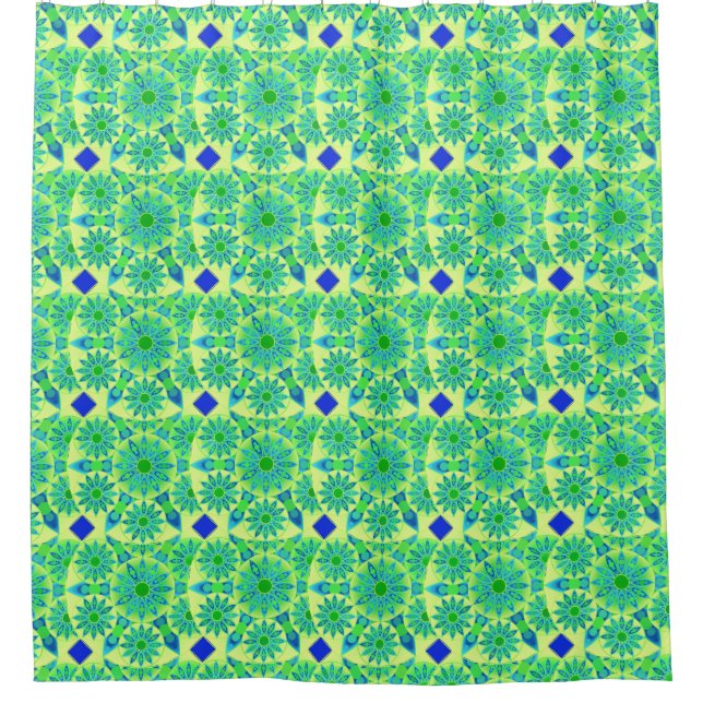 Mandala pattern, turquoise, blue, lime green shower curtain (Front)