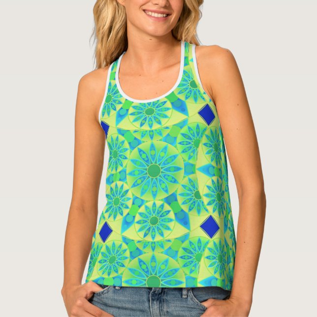 Mandala pattern, turquoise, blue, lime green tank top (Front)