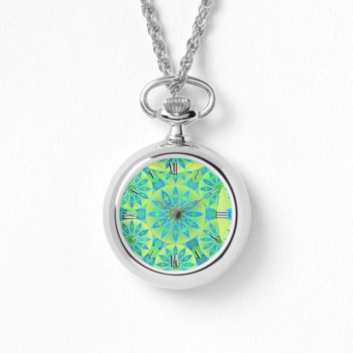 Mandala pattern turquoise blue lime green watch