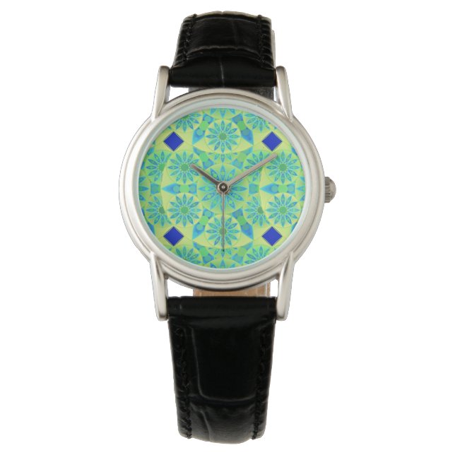 Mandala pattern, turquoise, blue, lime green watch (Front)