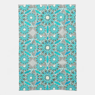 Mandala Pattern, Turquoise, Silver Gray and White Kitchen Towel