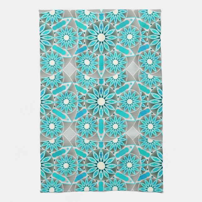 Mandala Pattern, Turquoise, Silver Gray and White Kitchen Towel (Vertical)