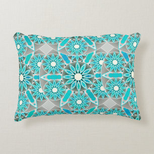 Mandala pattern, turquoise, silver grey and white accent pillow