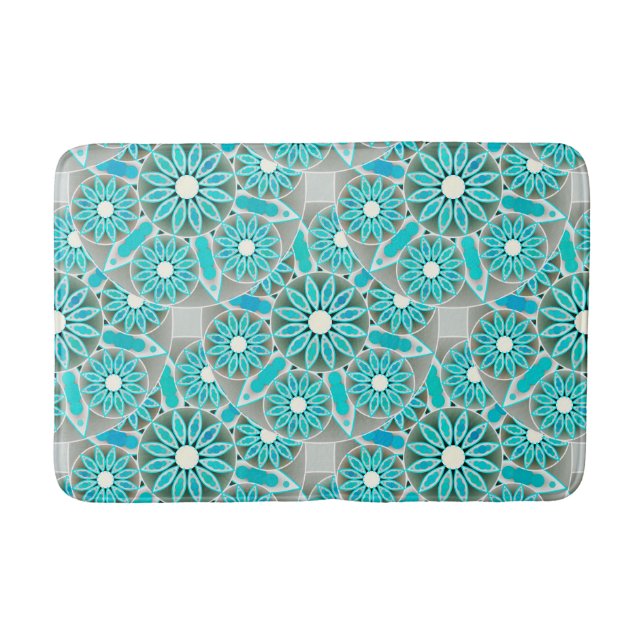 Mandala pattern, turquoise, silver grey and white bathroom mat (Front)