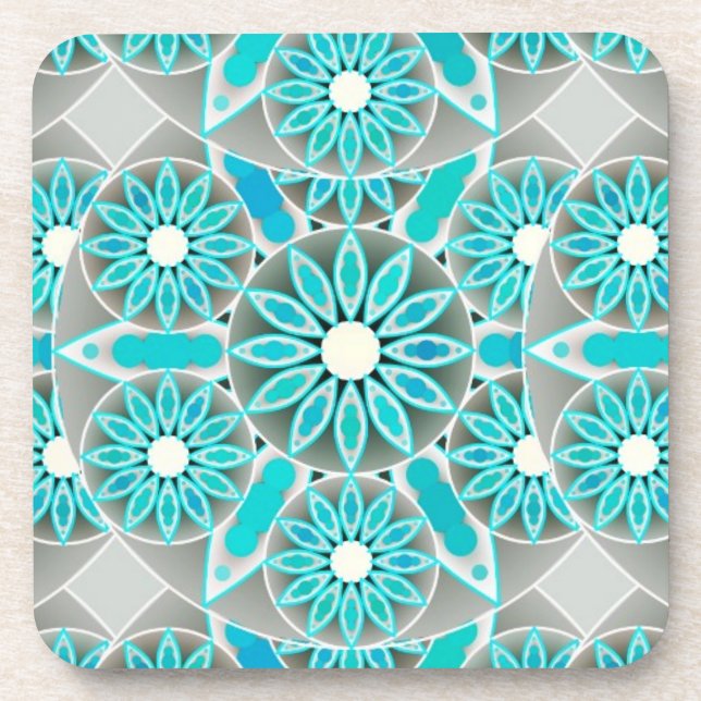Mandala pattern, turquoise, silver grey and white beverage coaster (Front)