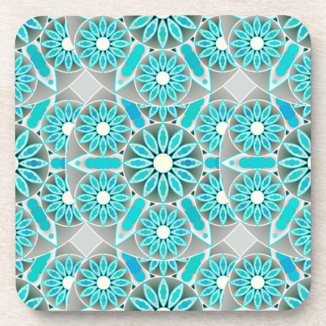 Mandala pattern, turquoise, silver grey and white beverage coaster (Front)