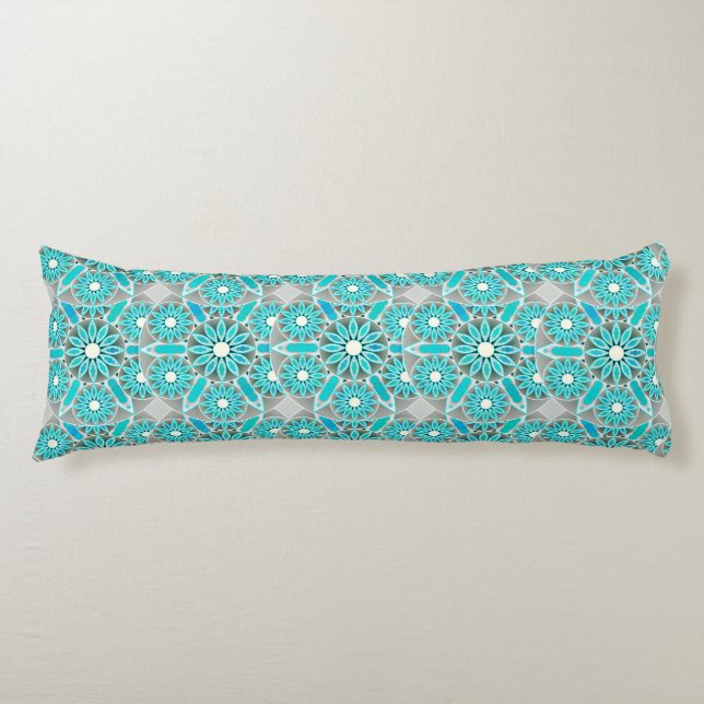 Mandala pattern, turquoise, silver grey and white body pillow (Front)