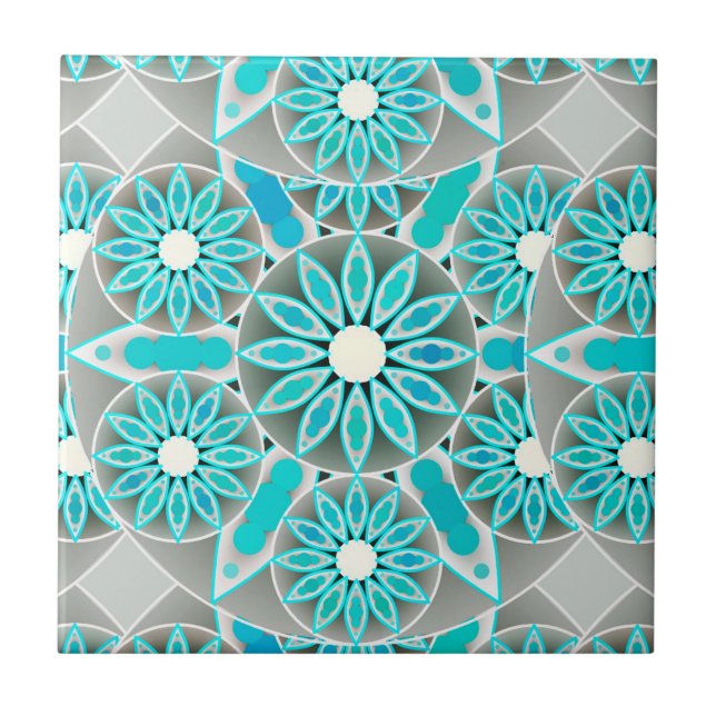 Mandala pattern, turquoise, silver grey and white ceramic tile (Front)