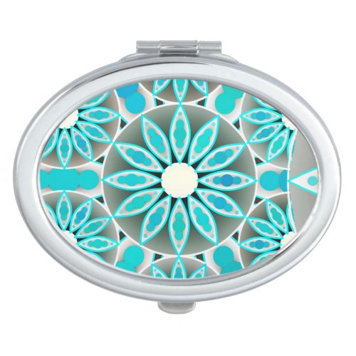 Mandala pattern turquoise silver grey and white compact mirror