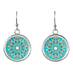 Mandala pattern, turquoise, silver grey and white earrings