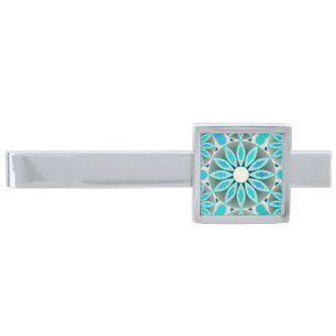 Mandala pattern, turquoise, silver grey and white finish tie clip
