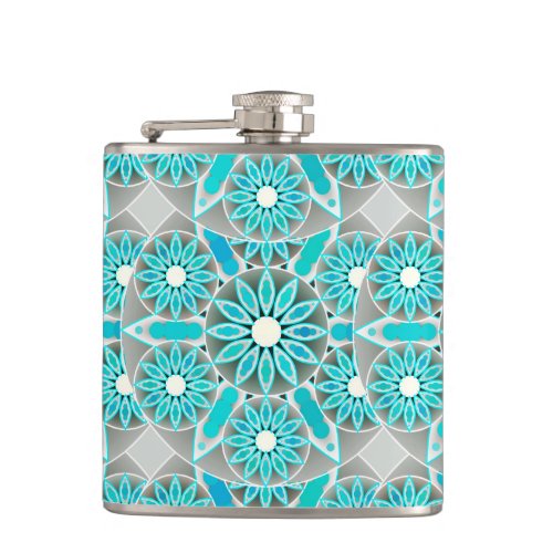 Mandala pattern turquoise silver grey and white flask