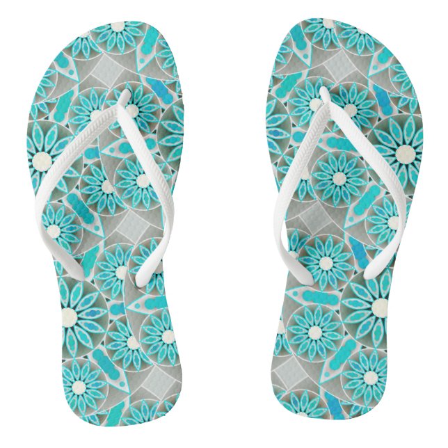 Mandala pattern, turquoise, silver grey and white flip flops (Footbed)