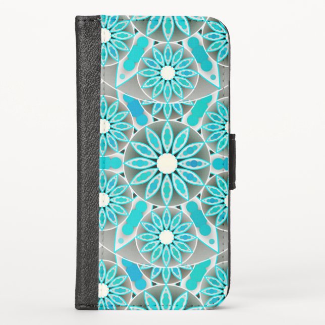 Mandala pattern, turquoise, silver grey and white iPhone wallet case (Front)