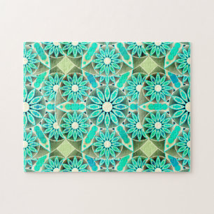 Mandala Pattern, Turquoise, Silver Grey and White Jigsaw Puzzle