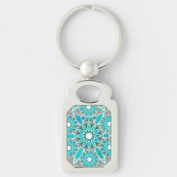 Mandala Pattern  Turquoise  Silver Grey And White Keychain by Floridity at Zazzle