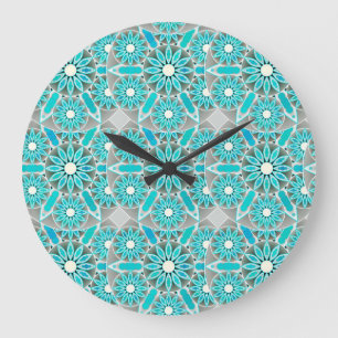 Mandala pattern, turquoise, silver grey and white large clock