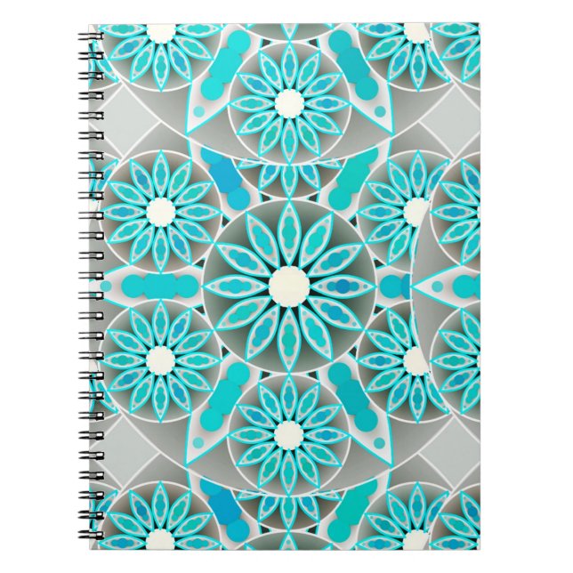 Mandala pattern, turquoise, silver grey and white notebook (Front)