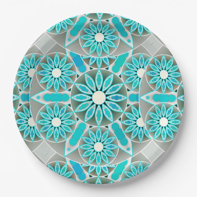 Mandala pattern, turquoise, silver grey and white paper plates (Front)