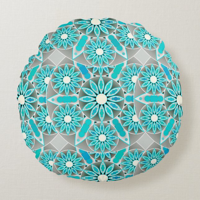 Mandala pattern, turquoise, silver grey and white round pillow (Front)