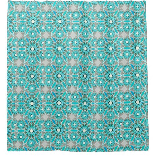 Mandala pattern turquoise silver grey and white shower curtain