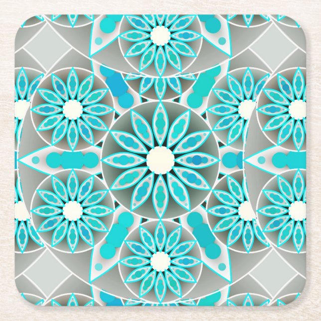 Mandala pattern, turquoise, silver grey and white square paper coaster (Front)