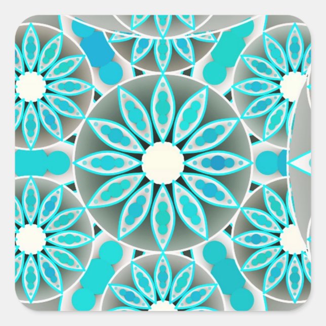 Mandala pattern, turquoise, silver grey and white square sticker (Front)