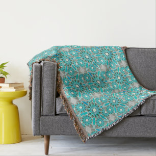 Mandala pattern, turquoise, silver grey and white throw blanket