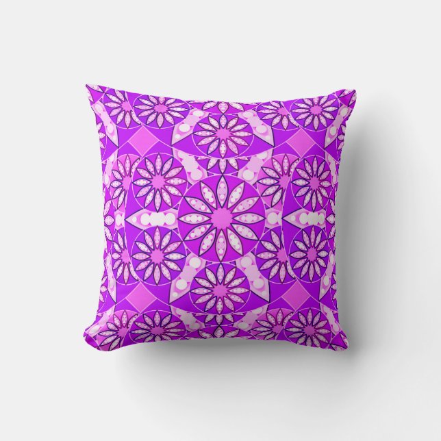 Mandala pattern, violet, orchid and pink throw pillow (Front)