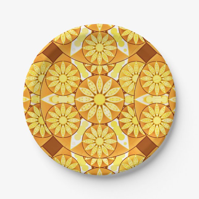 Mandala pattern, yellow, gold and brown paper plates (Front)