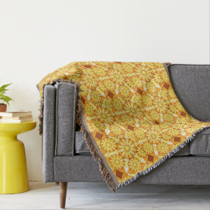 Mandala pattern, yellow, gold and brown throw blanket