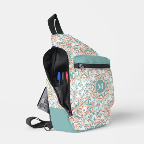 Mandala Peach Teal Flower Pattern Monogram Sling Bag